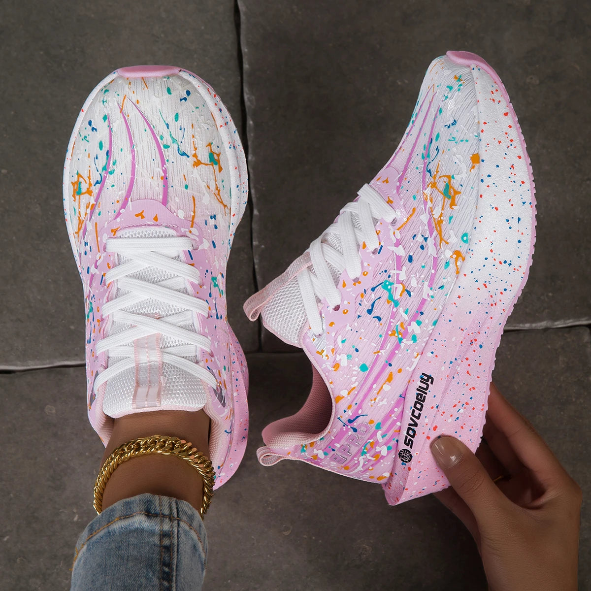 Unisex Lightweight Splatter Paint Gradient Running Shoes With Breathable Mesh