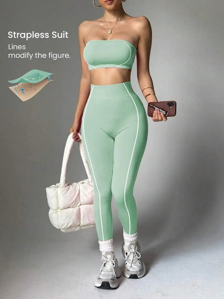 Women Seamless Striped Sports Bra And Leggings Quick Dry Activewear
