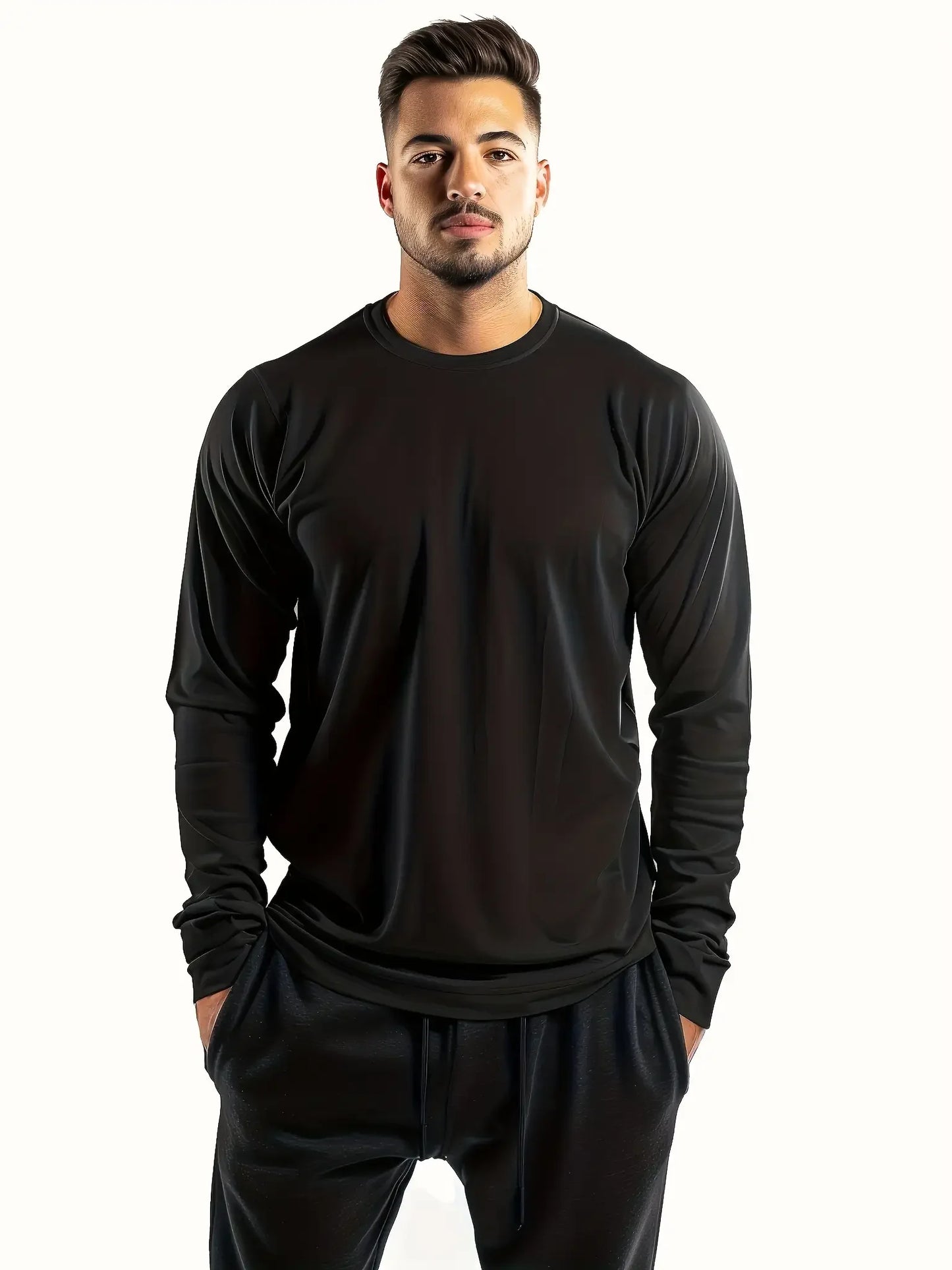 Winthunder Men's Solid Round Neck Long Sleeve T Shirts
