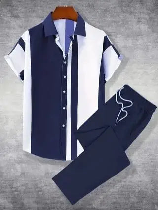 Printed Men's Summer Short Sleeve Shirt And Pants Set