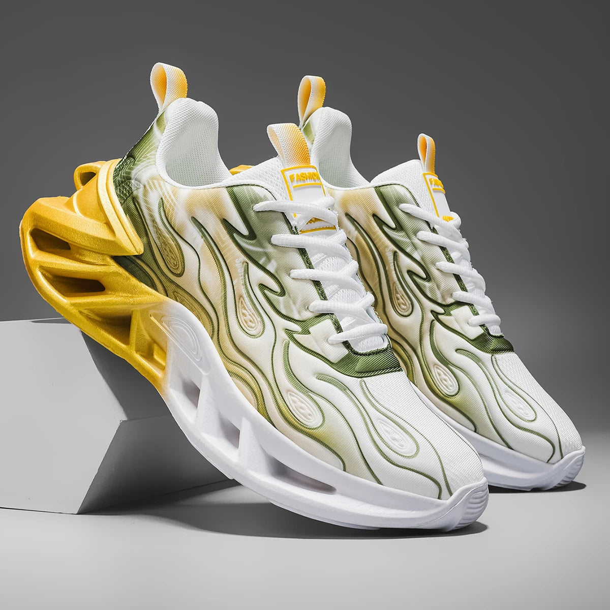 Unisex Flame Print Chunky Running Sneakers With Breathable Mesh