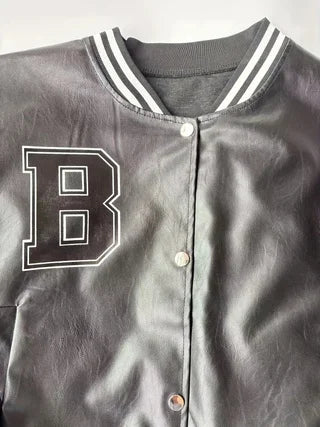 PU Leather Cropped Baseball Jacket With Embroidered Letters Striped Ribbed