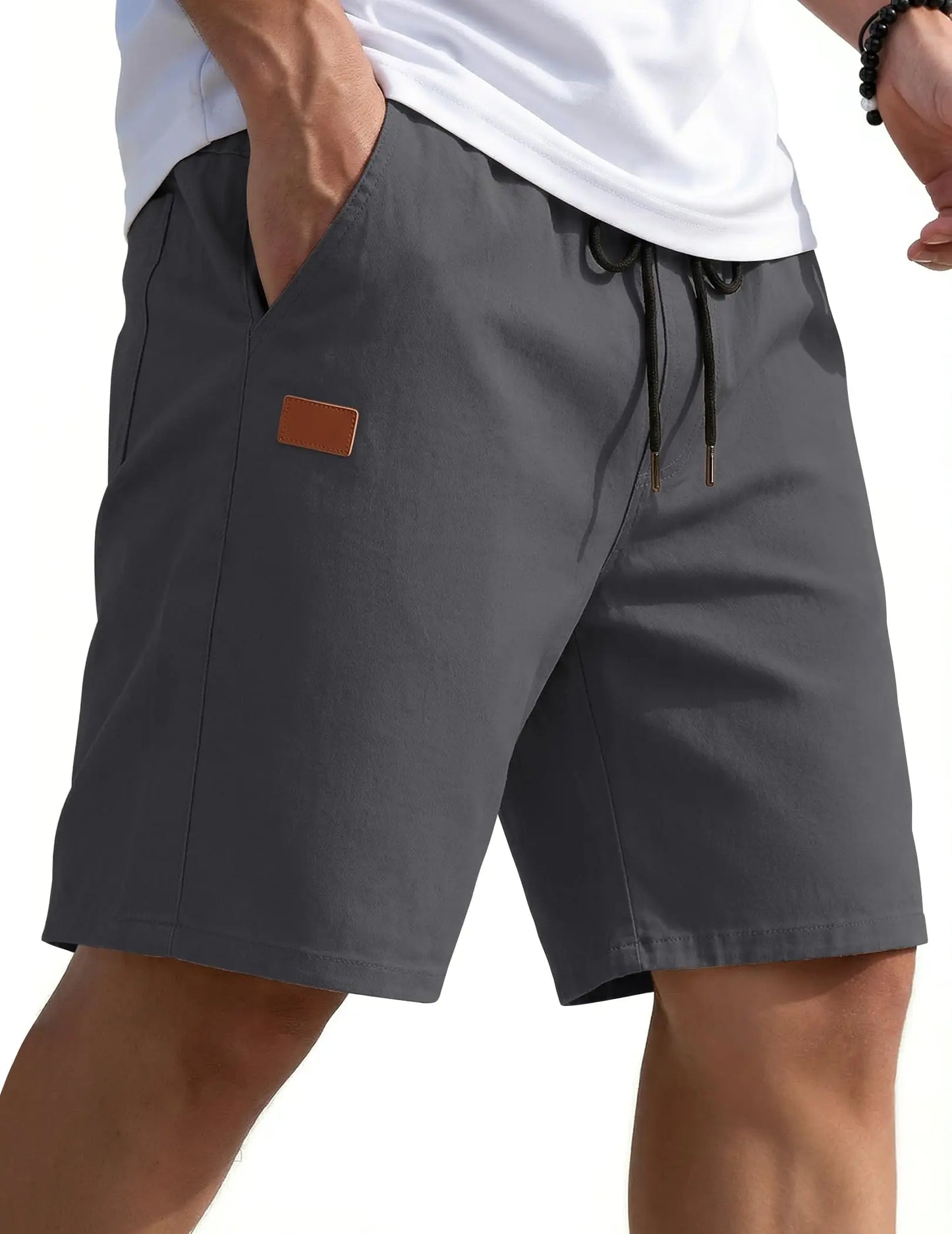Mens Casual Shorts 9" Chino Cotton Shorts Summer Beach Drawstring Shorts with Pockets