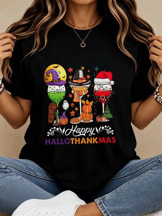 Women's Festive Holiday Print Round Neck Casual Cotton T-Shirt