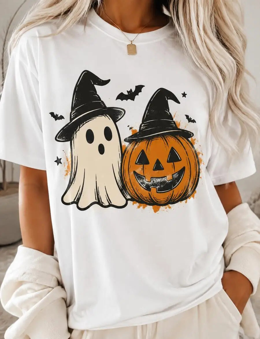 Women's Casual Halloween Pumpkin Ghost Print Short Sleeve T Shirt