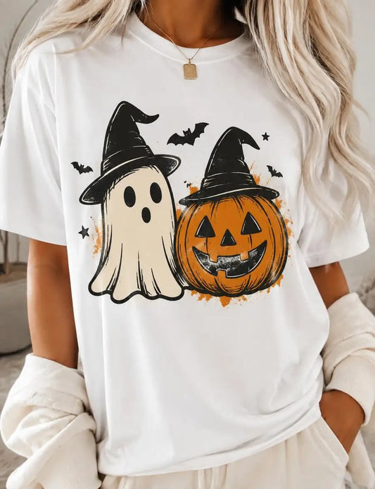 Women's Casual Halloween Pumpkin Ghost Print Short Sleeve T Shirt