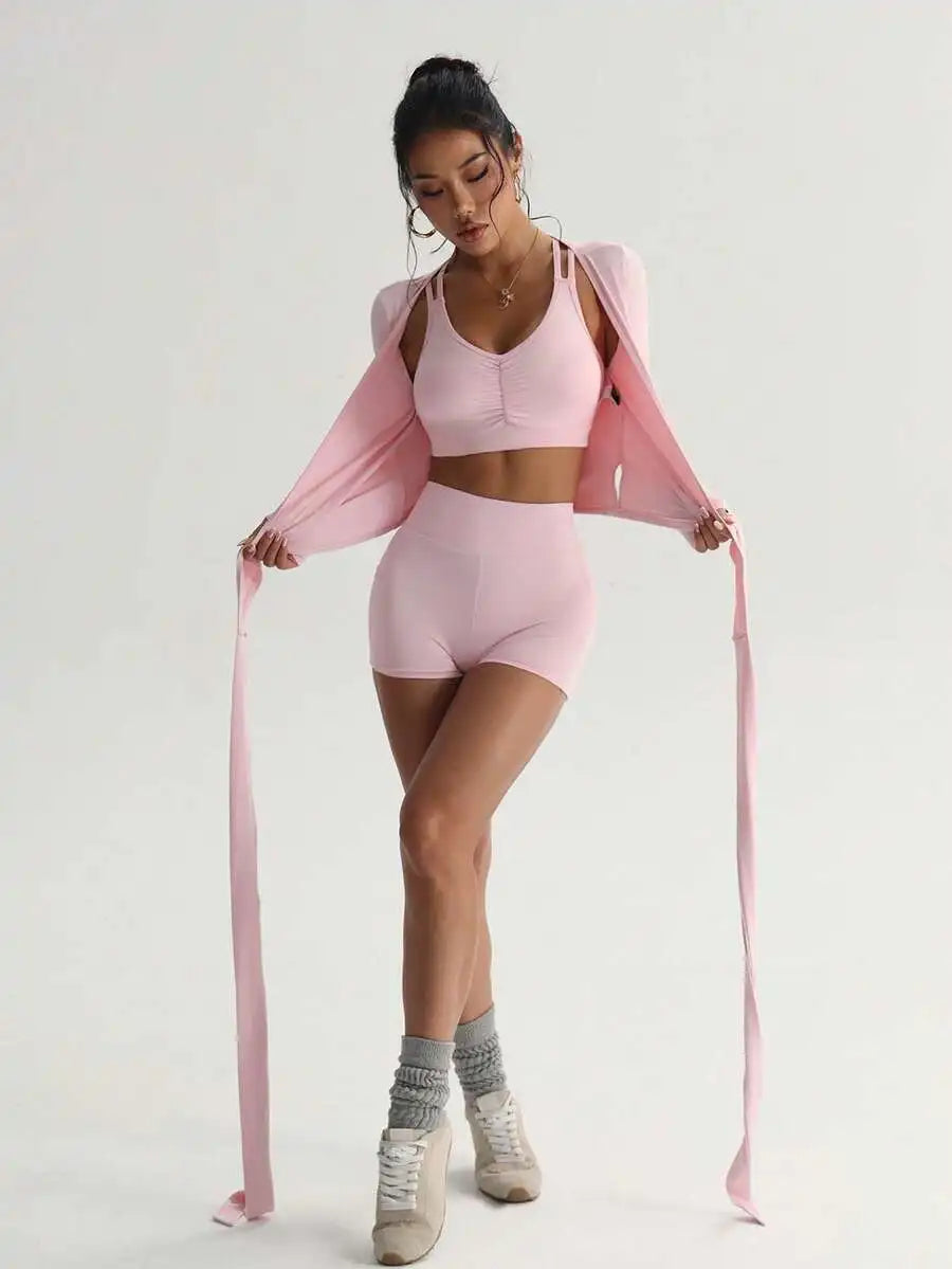 Women Three Piece Sport Set With Long Sleeve V Neck Top Bra Shorts