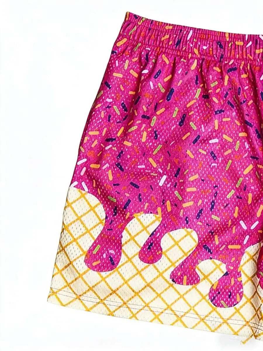 Ice Cream Print Mesh Sports Shorts Quick Dry For Adults