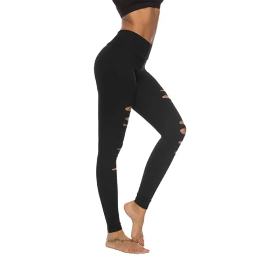 Women's High Waist Yoga Pants Cutout Ripped Tummy Control Leggings