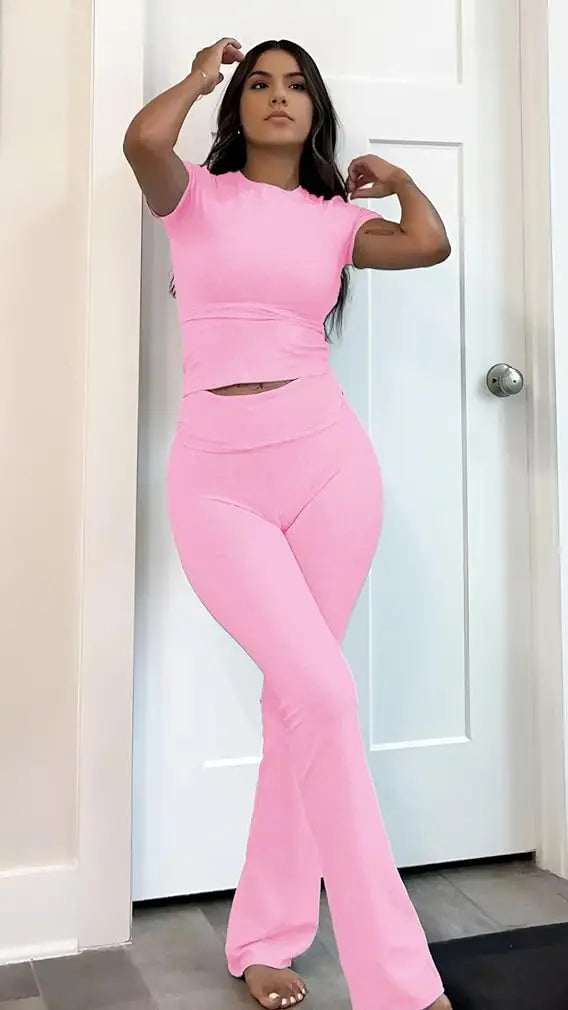 Womens Two-Piece Yoga Set With Short Sleeve Top And Pants