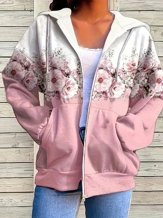 Casual Printed Hoodie Zip Up Jacket For Women Everyday Wear