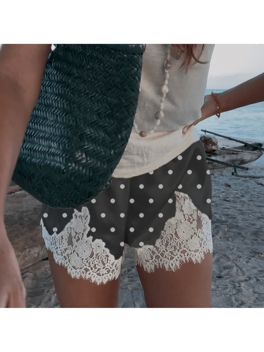 Women Satin Lace Polka Dot High Rise Lounge Casual Shorts