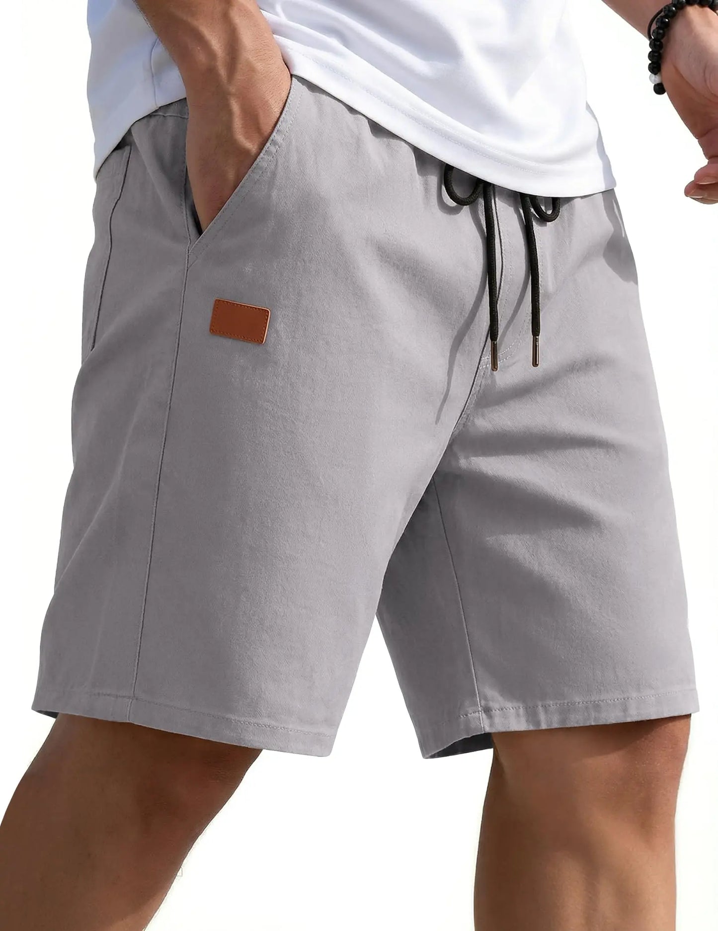 Mens Casual Shorts 9" Chino Cotton Shorts Summer Beach Drawstring Shorts with Pockets