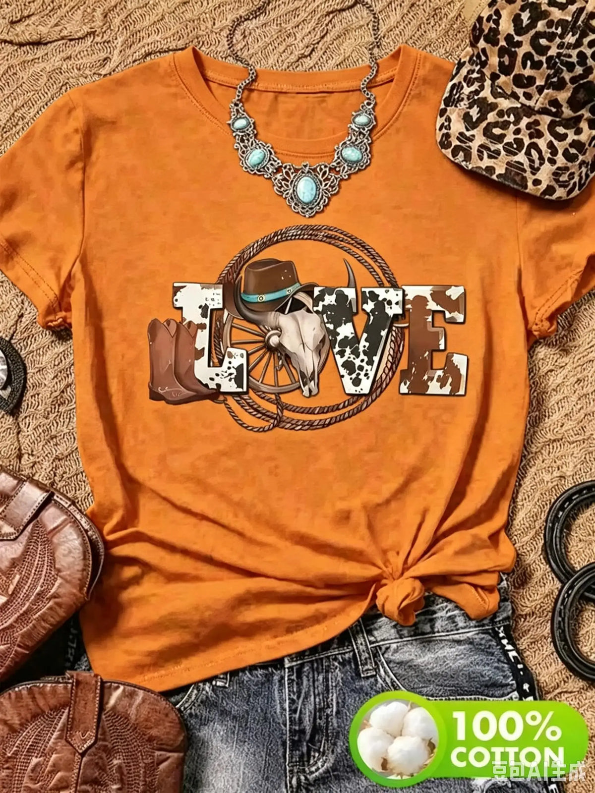 Women Casual Denim Style Love Graphic Print Cotton T Shirt