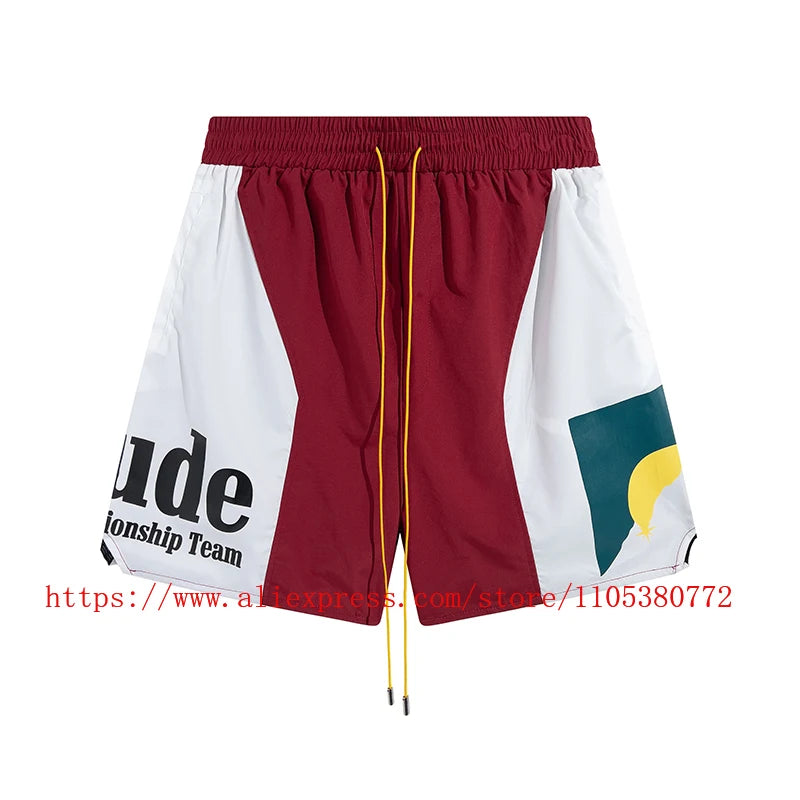 Latest Style RHUDE Men's  Casual Shorts Hip Hop Elastic Waist Drawstring Zip Pocket Summer Street Leisure Beach Shorts