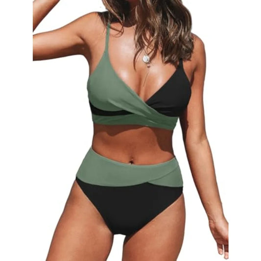 Women's High Waisted Twist Front Bikini Set With Adjustable Straps