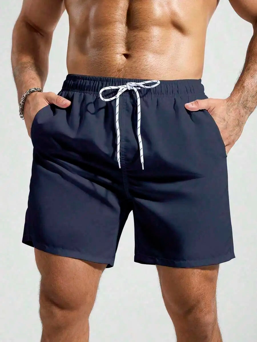 Mens Pocketed Drawstring Waist Beach Quick Dry Swim Trunks