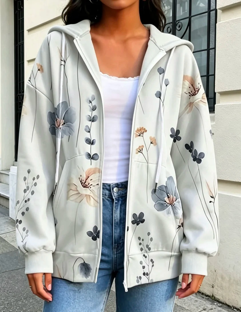 Casual Printed Hoodie Zip Up Jacket For Women Everyday Wear