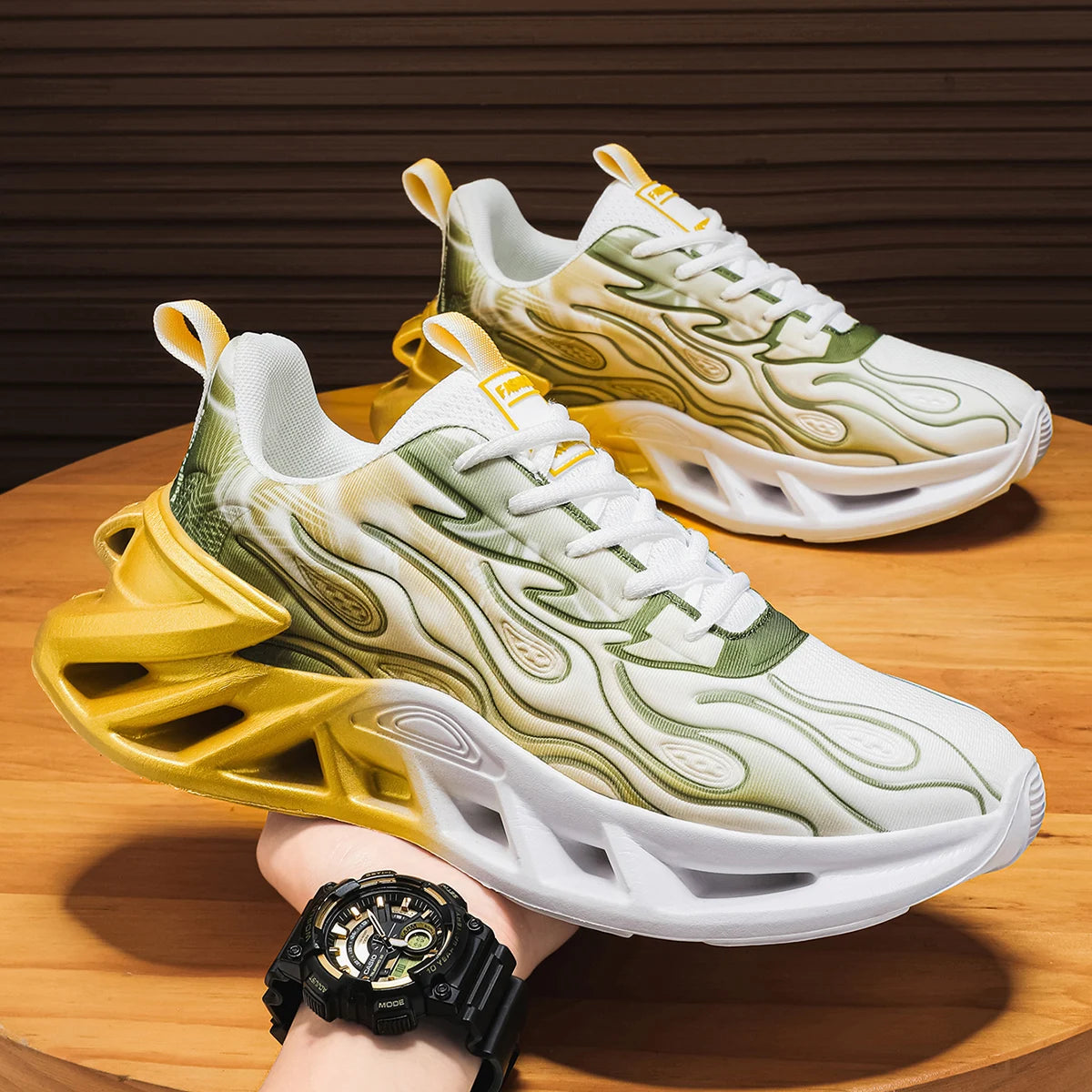 Unisex Flame Print Chunky Running Sneakers With Breathable Mesh