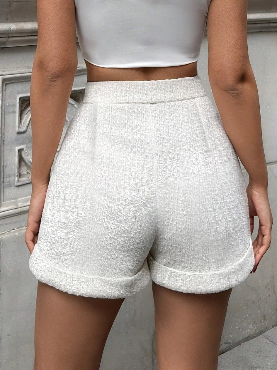 Women High Waist Tweed Shorts Solid Casual Knit Pocketed Bottoms