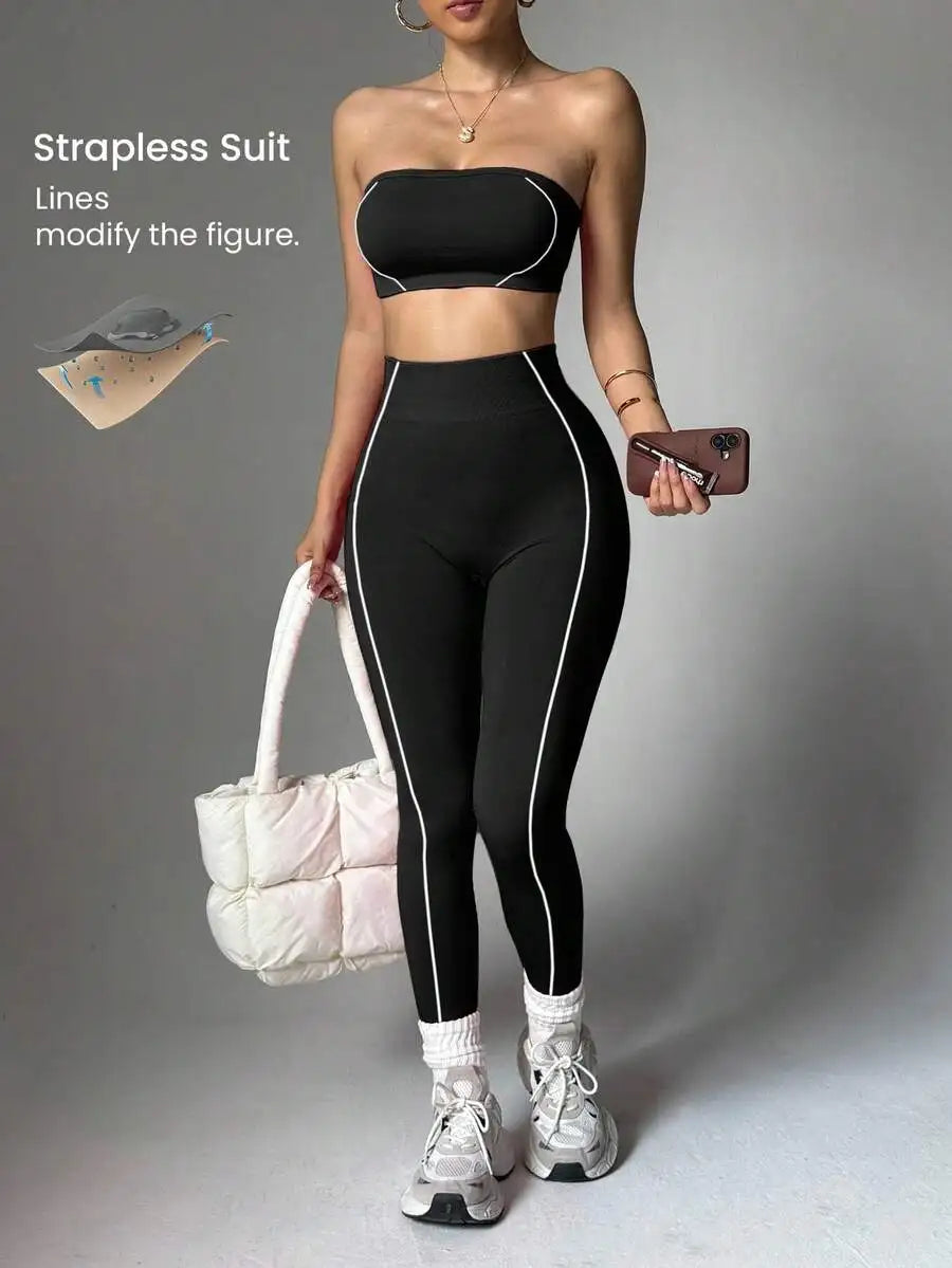 Women Seamless Striped Sports Bra And Leggings Quick Dry Activewear