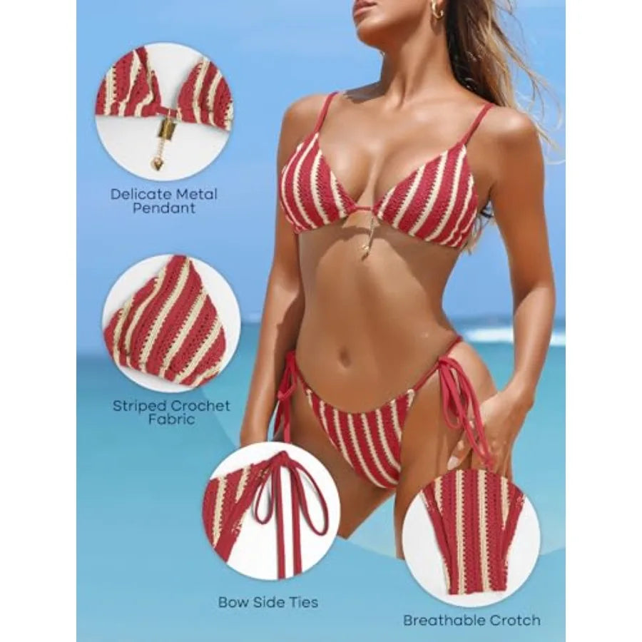Women Striped Crochet Bikini Set For Vacation Swimwear
