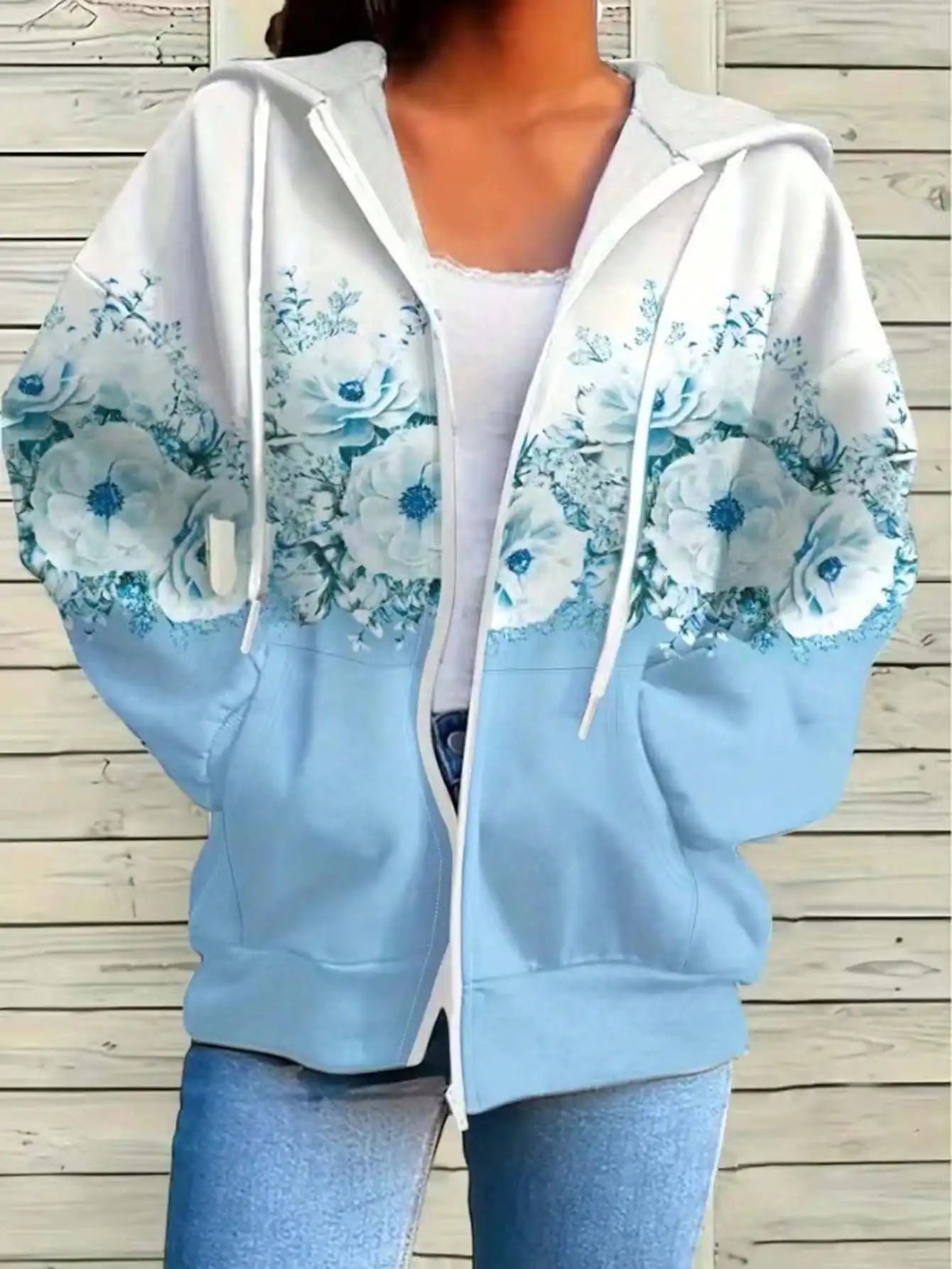 Casual Printed Hoodie Zip Up Jacket For Women Everyday Wear