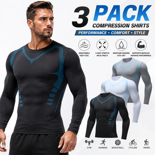 Men's Compression Shirts Long Sleeve Baselayer MoistureWicking Gym Tee Set