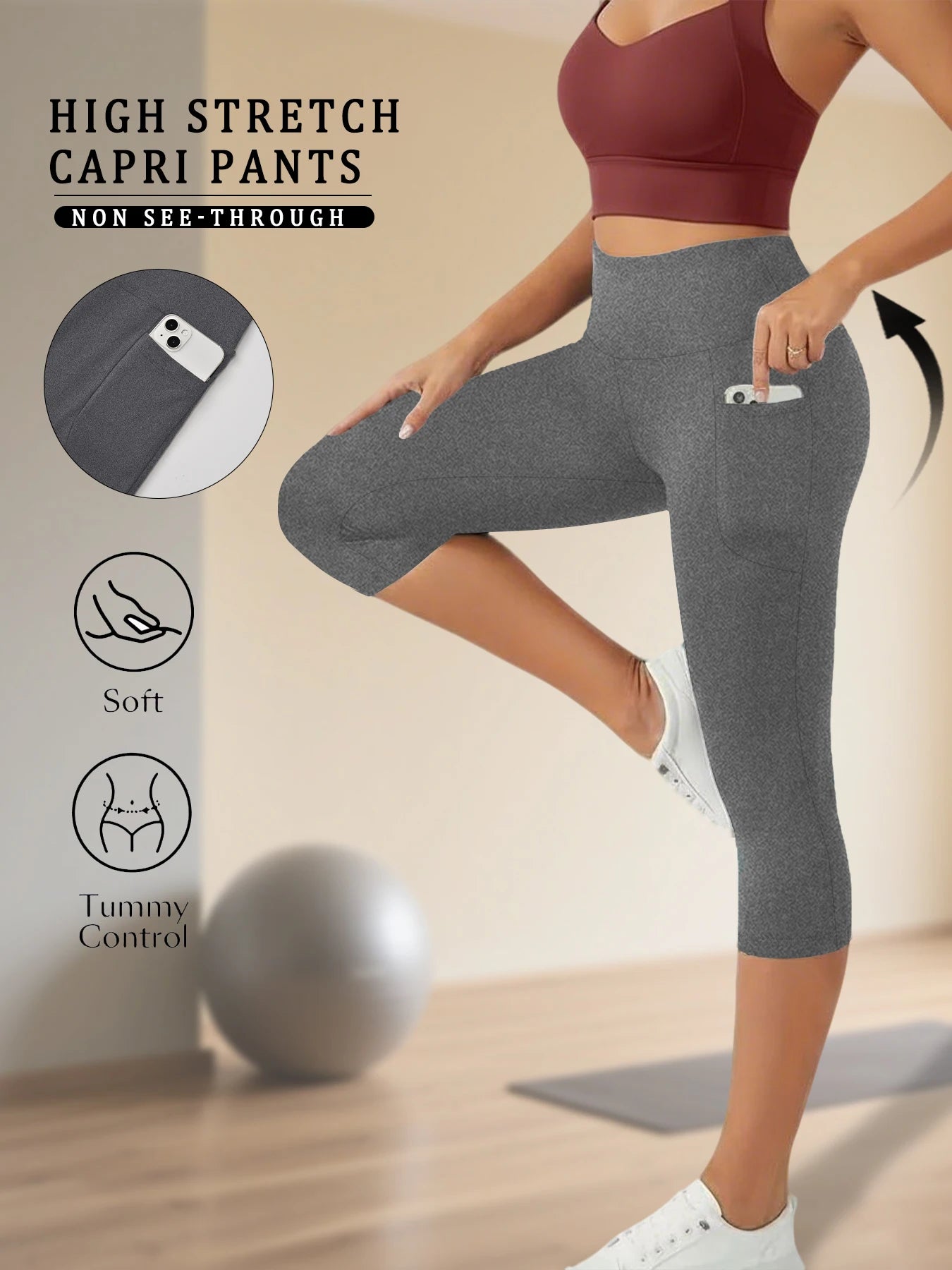 High Waisted capri pants For Women With Pockets Tummy Control No See Through Workout Running Yoga Athletic Push Up Gym Leggings