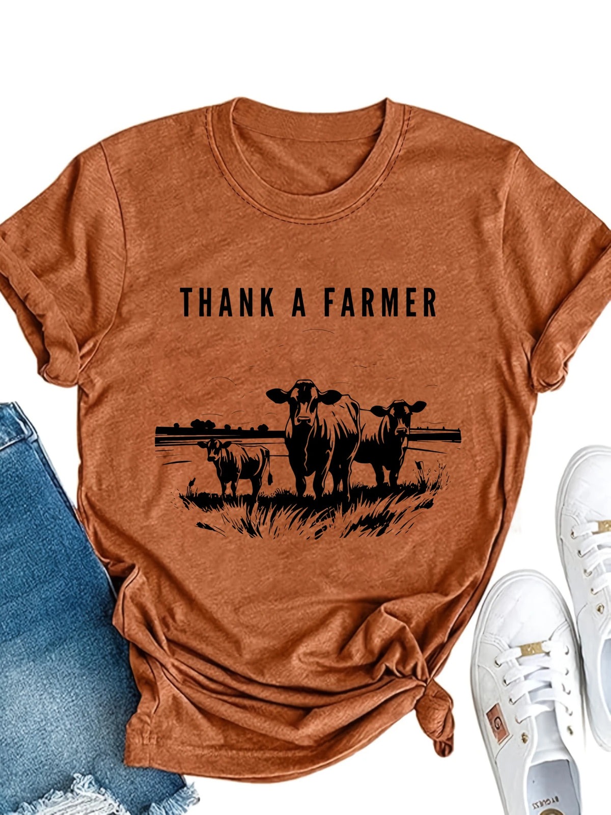 Women's Thank A Farmer Cow Field Graphic Cotton Blend T-Shirt