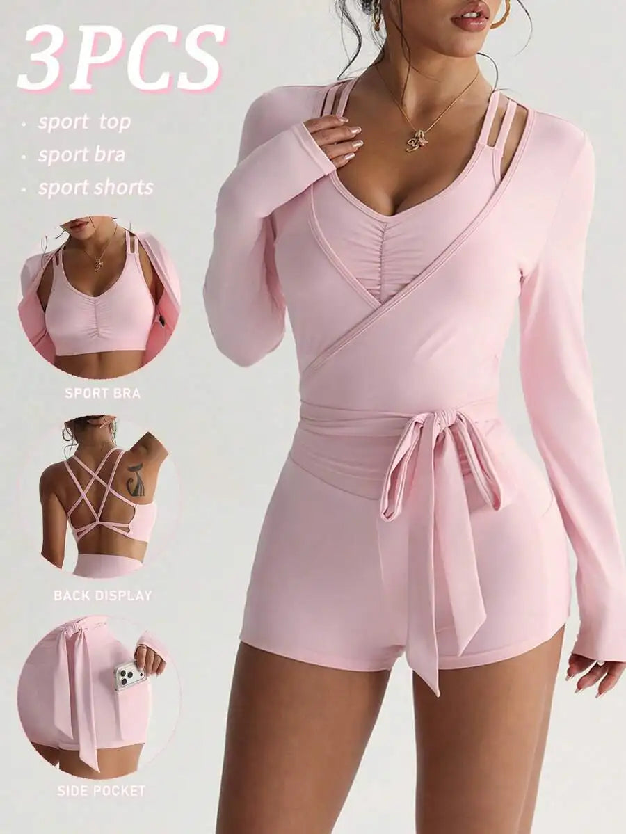 Women Three Piece Sport Set With Long Sleeve V Neck Top Bra Shorts