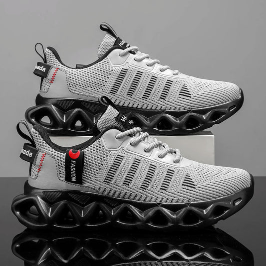 Striped Unisex Breathable Mesh Sneakers With Non-slip Thick Sole For Running
