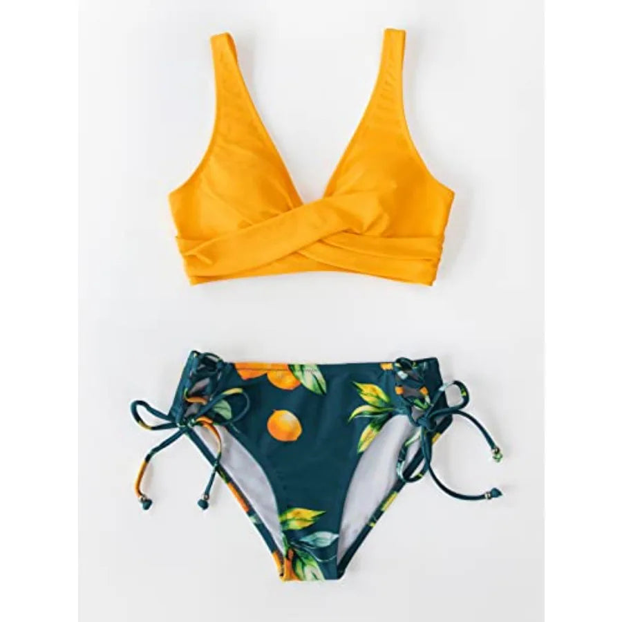 Women Two Piece Front Cross Lace Up Bikini Swimsuit Set