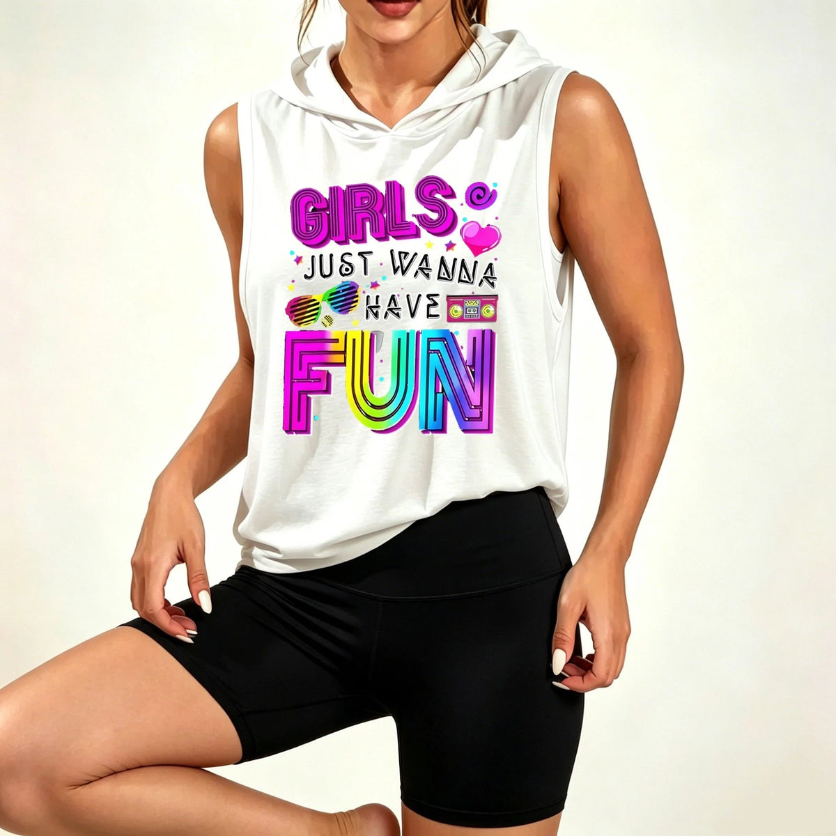 Women Retro Graphic Hooded Vest And Biker Shorts Workout Set