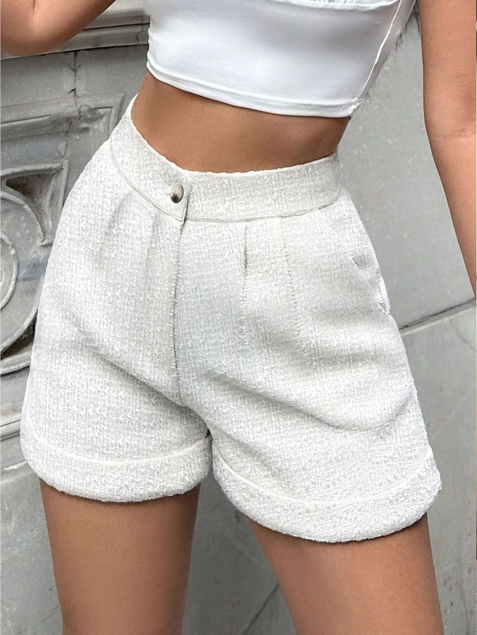 Women High Waist Tweed Shorts Solid Casual Knit Pocketed Bottoms