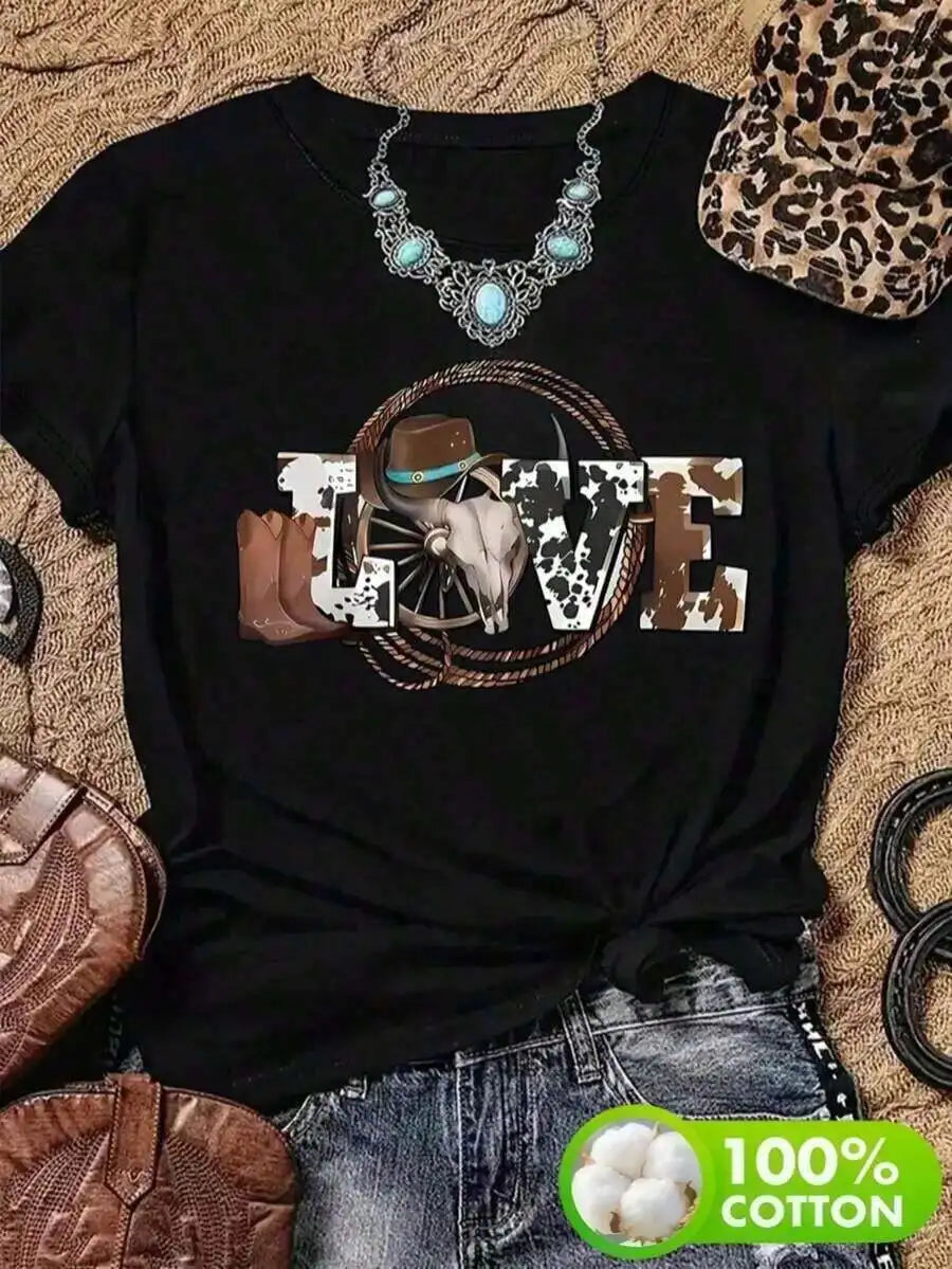 Women Casual Denim Style Love Graphic Print Cotton T Shirt