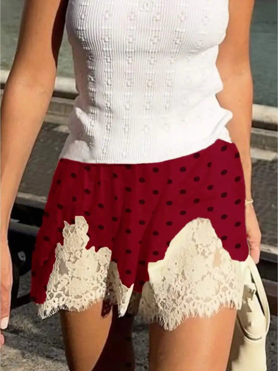 Women Satin Lace Polka Dot High Rise Lounge Casual Shorts