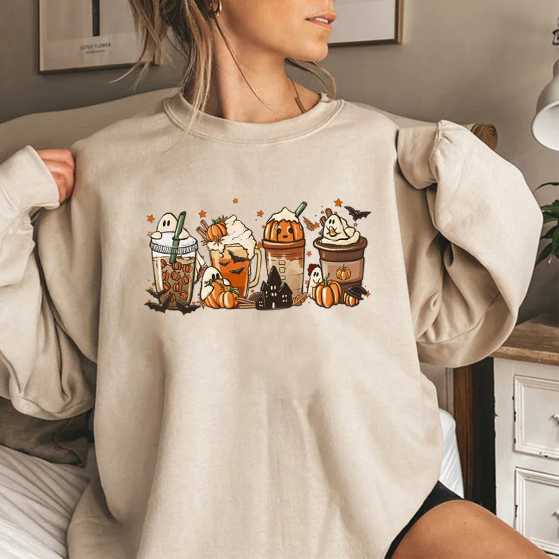 EOENKKY Fall Coffee Sweatshirt Cute Thanksgiving Halloween Pullover