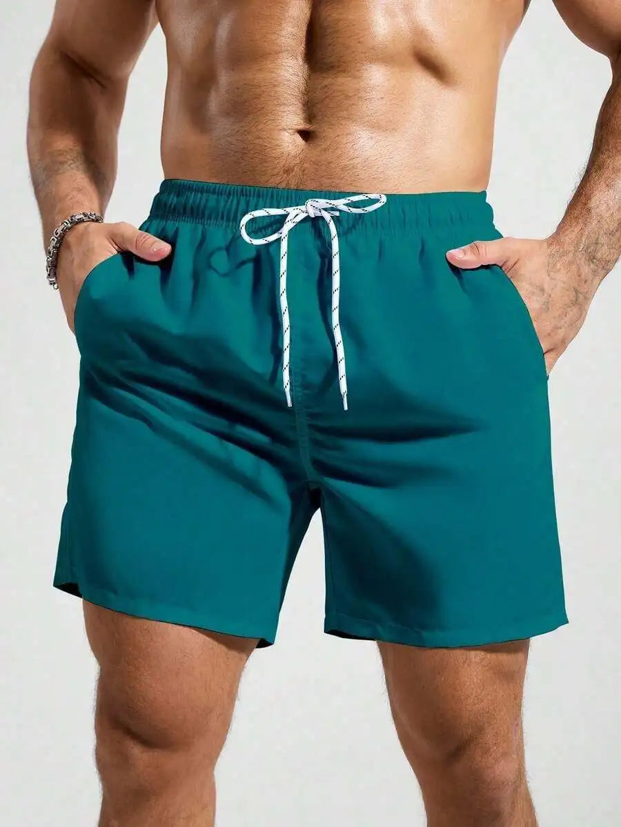 Mens Pocketed Drawstring Waist Beach Quick Dry Swim Trunks
