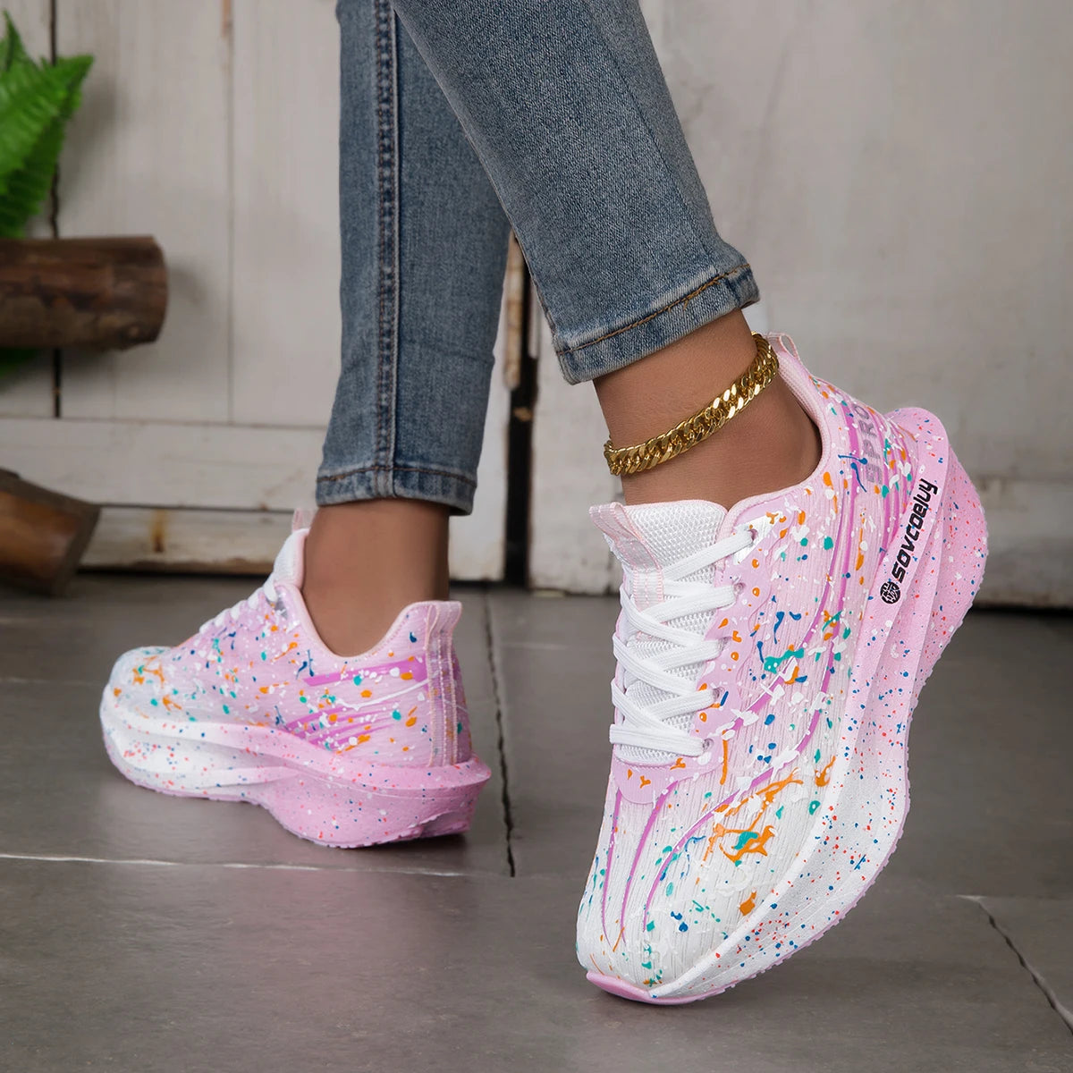 Unisex Lightweight Splatter Paint Gradient Running Shoes With Breathable Mesh