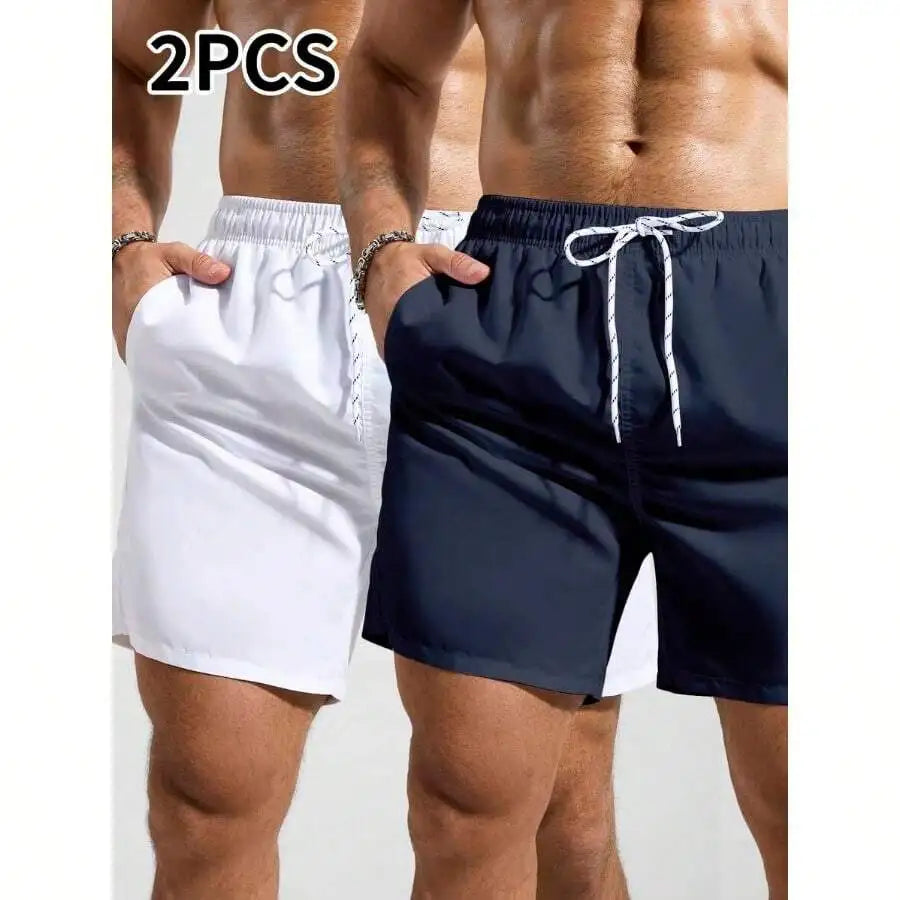 Mens Pocketed Drawstring Waist Beach Quick Dry Swim Trunks