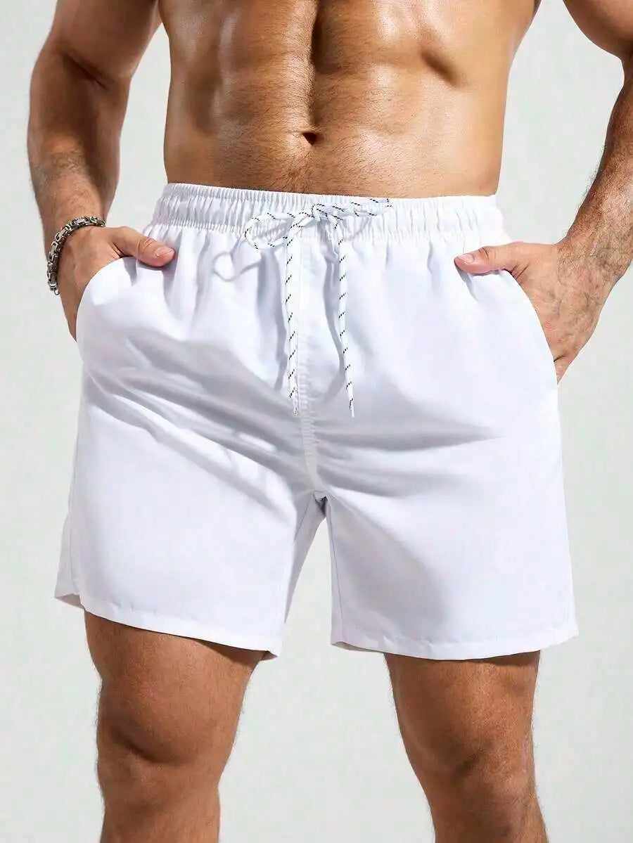 Mens Pocketed Drawstring Waist Beach Quick Dry Swim Trunks