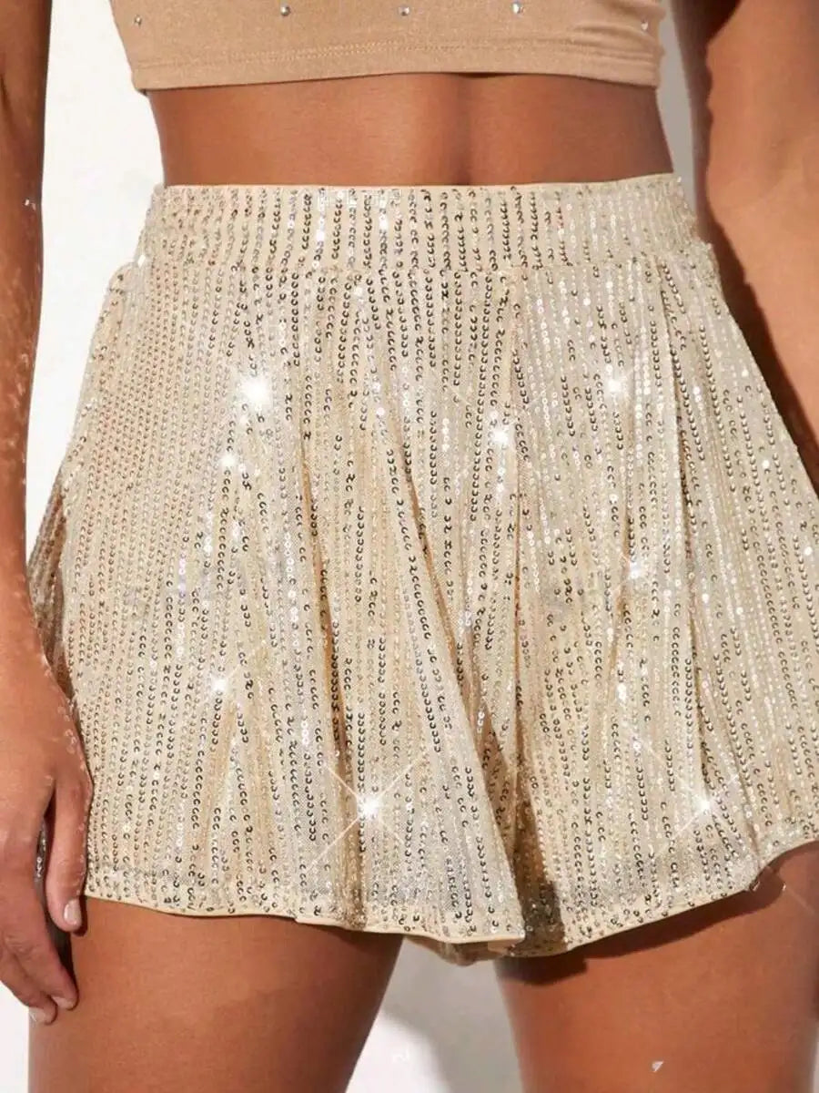 Women Sequined Elastic Waist Loose Shorts For Beach Club Streetwear