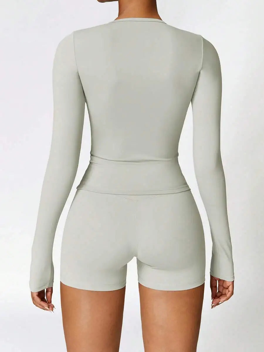 Women's Solid Long Sleeve Short Pant Activewear Set Breathable