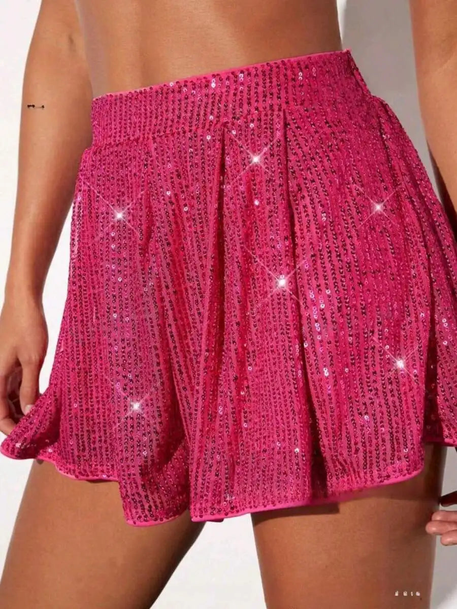 Women Sequined Elastic Waist Loose Shorts For Beach Club Streetwear