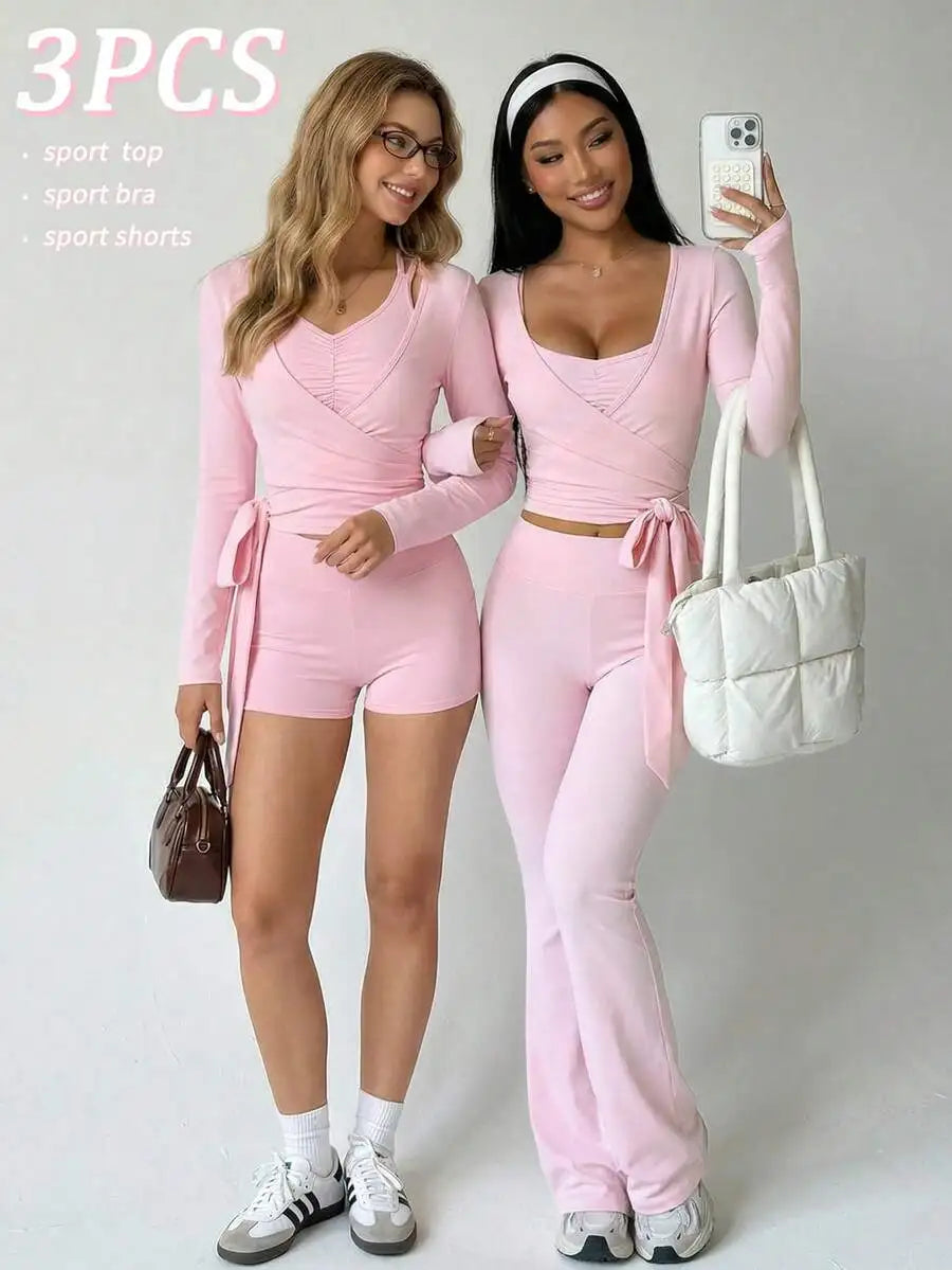 Women Three Piece Sport Set With Long Sleeve V Neck Top Bra Shorts