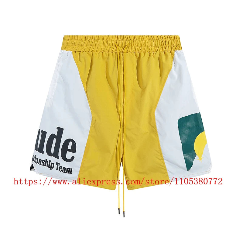 Latest Style RHUDE Men's  Casual Shorts Hip Hop Elastic Waist Drawstring Zip Pocket Summer Street Leisure Beach Shorts