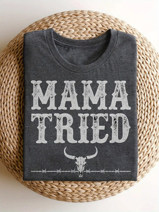 Women Short Sleeve T Shirt Mama Tried Bull Skull Barbed Wire