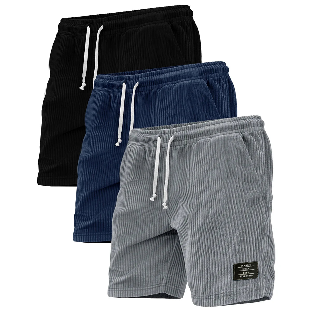 Men's Corduroy Shorts Set Polyester With Drawstring And Pockets