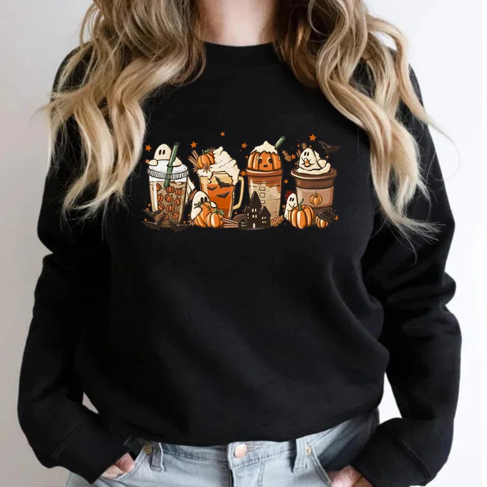 EOENKKY Fall Coffee Sweatshirt Cute Thanksgiving Halloween Pullover